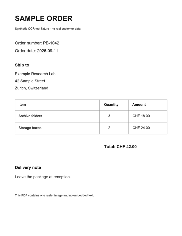 Scanned one-page order form with a heading, shipping address, a three-column item table and a total